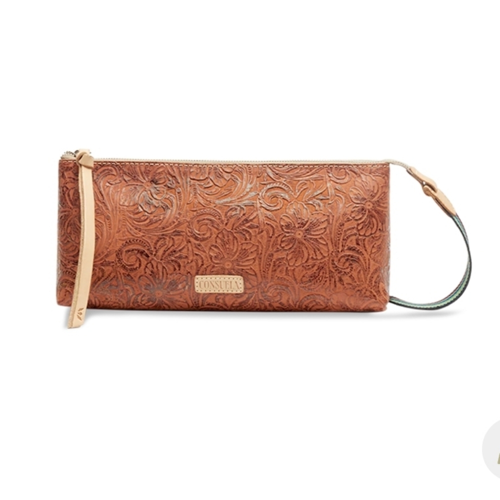 Consuela Tooled Floral Brown Leather Wristlet